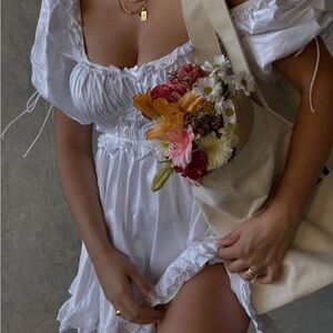 ASOS DESIGN White Off-Shoulder Dress with Floral Tote